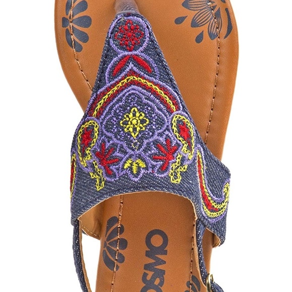 Denim embroidered T strap sandals - Picture 3 of 6